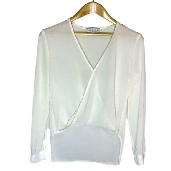 Wayf Ivory Sheer V Neck Wrap Front High Low Hem LS Blouson Blouse Size XS - Picture 11 of 13